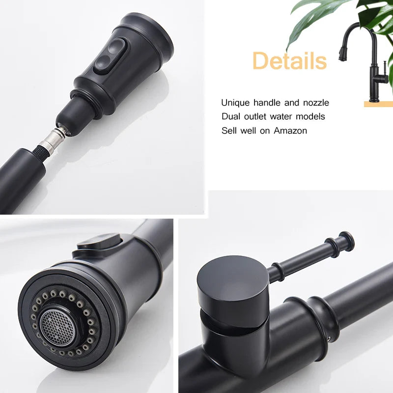 Afralia™ Matte Black Kitchen Faucet: Pull Out Dual Water Spout, 360 Rotation Hot Cold Mixer
