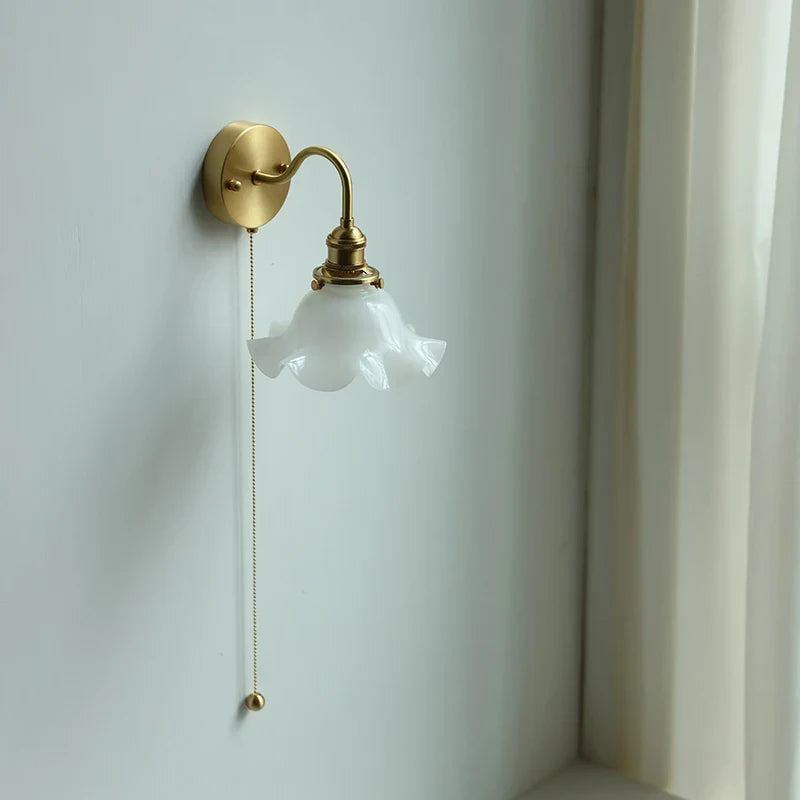 Afralia™ White Glass LED Wall Light with Pull Chain Switch for Bedroom Bathroom Mirror