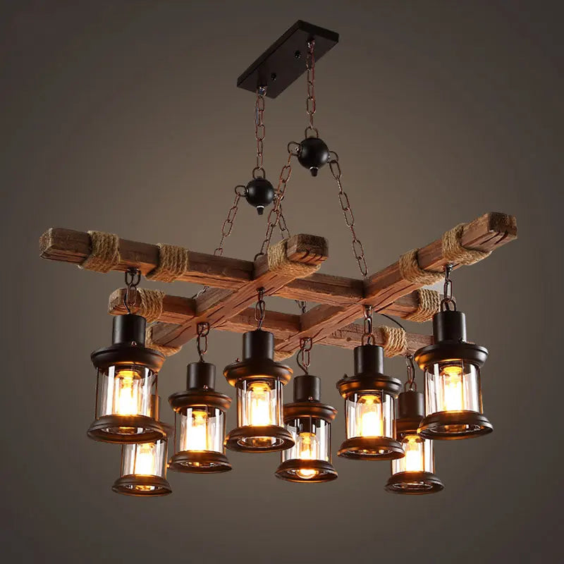 Afralia™ Vintage Wood Chandelier: 8-Head Retro Industrial Glass Pendant Iron Lamp for Cafe, Bar, and Store