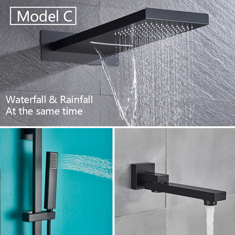 Afralia™ Matte Black Thermostatic Shower Faucet Brass 3-Ways Waterfall Rain Mixer Tap