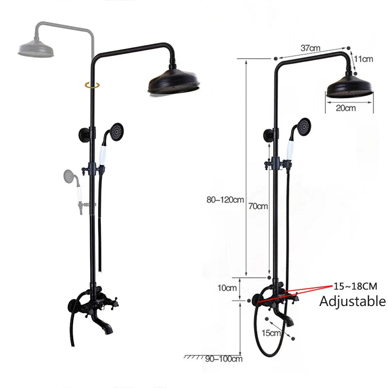 Afralia™ Black Brass Rainfall Shower Mixer Faucet Set with 8" Showerhead and Handshower