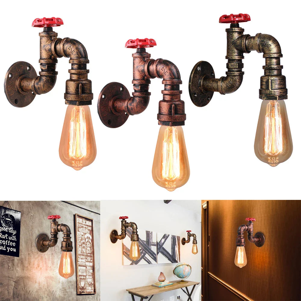 Afralia™ Iron Water Pipe Wall Lamp E27 Loft Bar Lighting Fixtures
