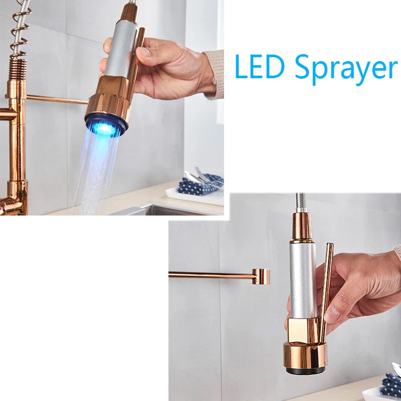 Afralia™ LED Light Rose Gold Kitchen Faucet with Pull Down Spring Swivel Spout