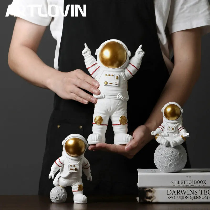 Afralia™ Astronaut Figurine Abstract Sculpture Gold Color for Modern Home Decor
