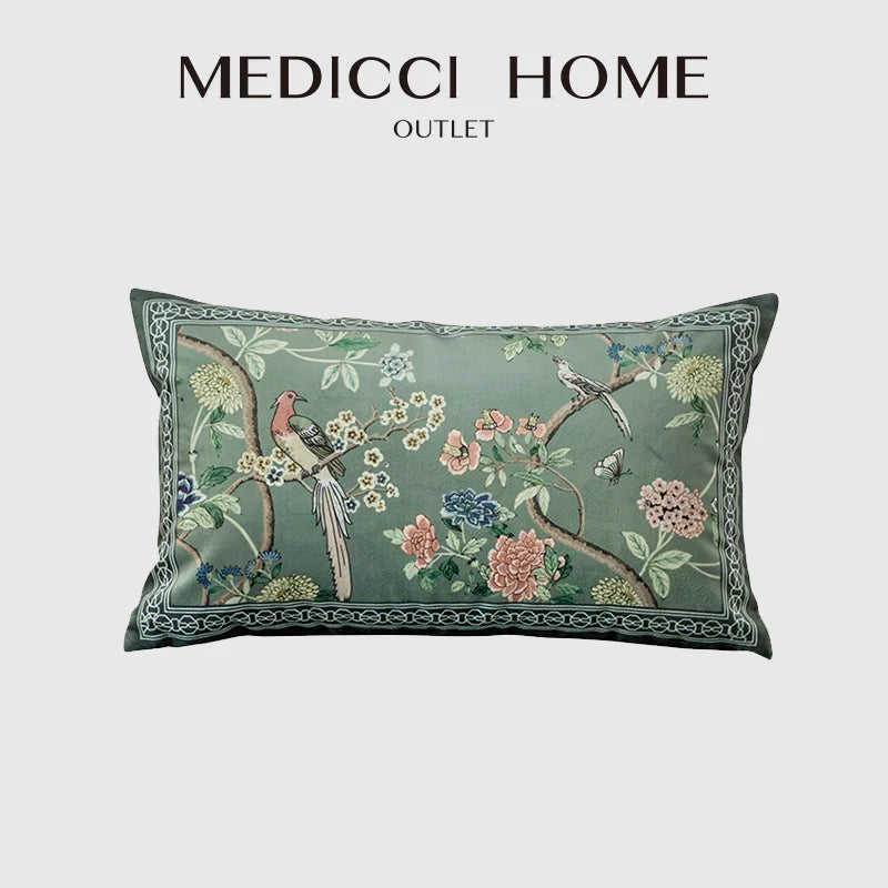 Afralia™ Chinoiserie Courtyard Bird & Flowers Print Lumbar Pillow Case - Eastern Home Decor