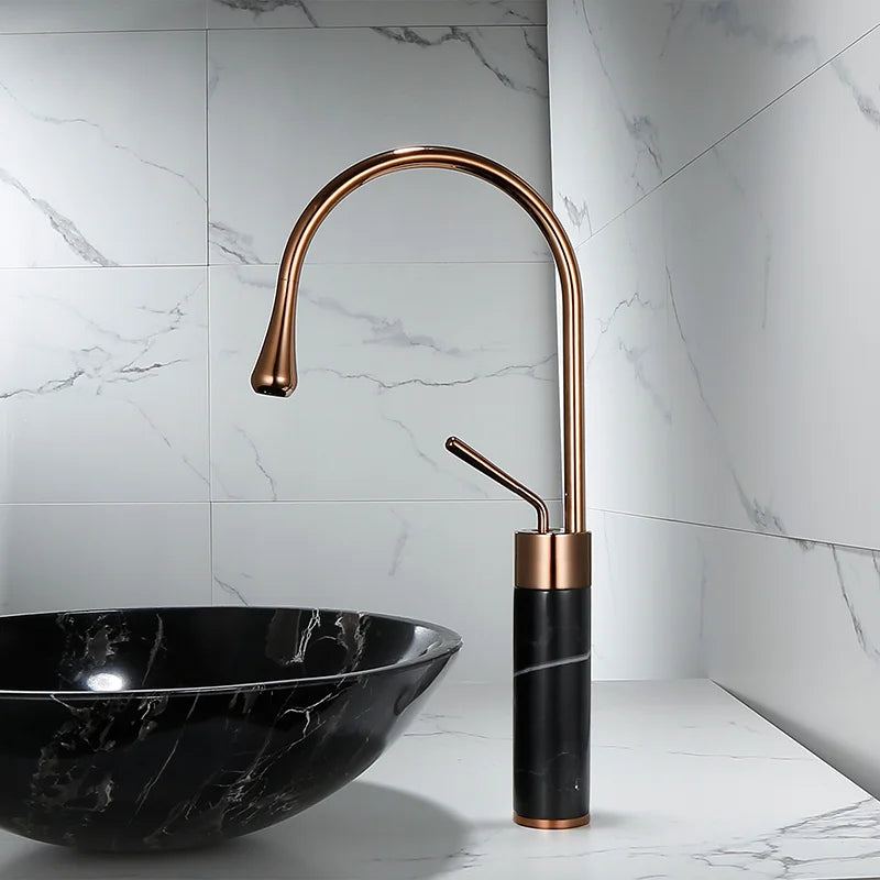 Afralia™ Rose Gold Brass and Marble Basin Faucet, Hot and Cold Sink Mixer Tap