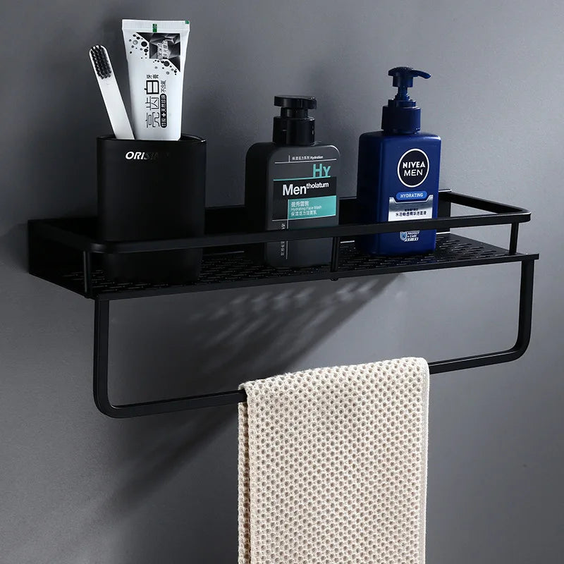 Afralia™ Black Aluminum Bathroom Shelf with Towel Bar Wall Mounted - Bath Shower Shampoo Holder