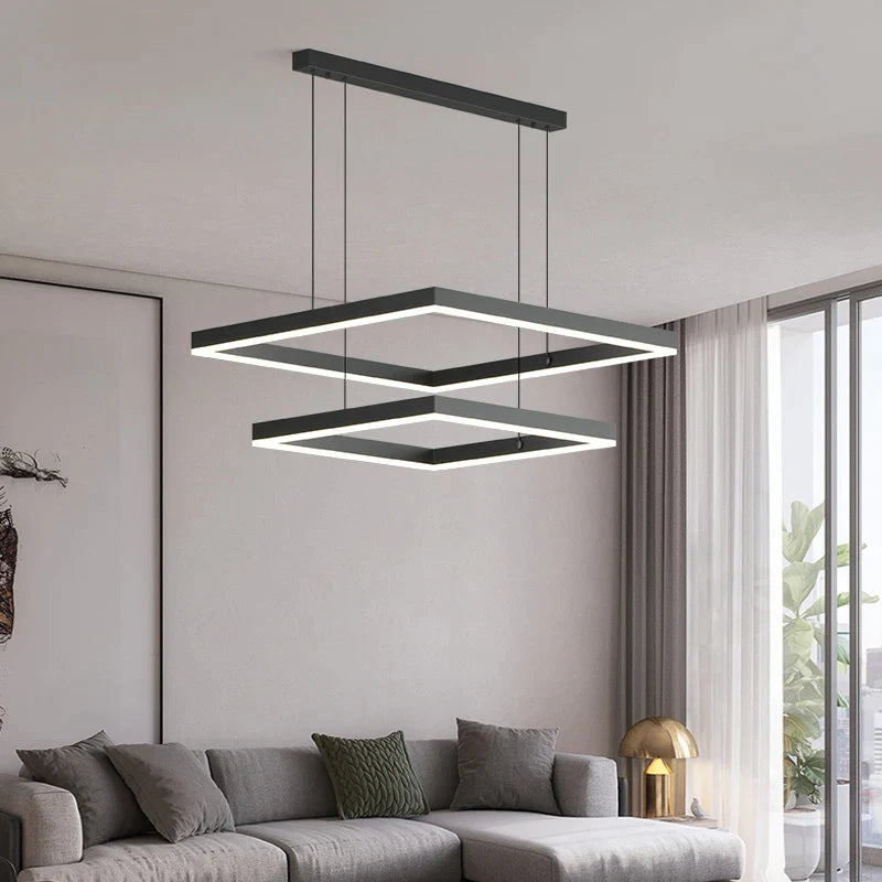 Nordic LED Black Square Chandelier by Afralia™ - Modern Living Room & Kitchen Light Fixture