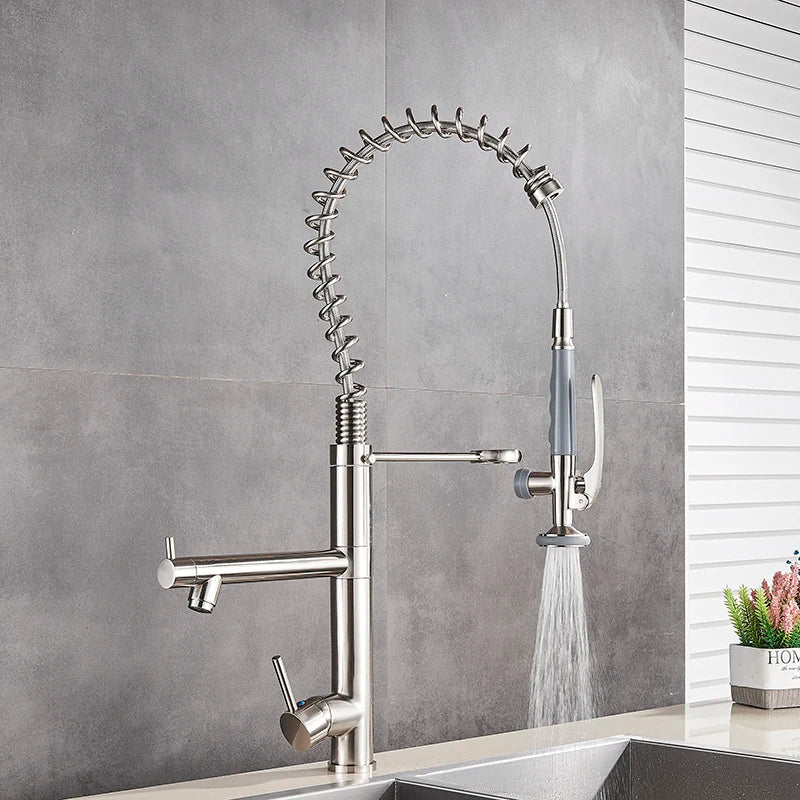 Afralia™ Brushed Nickel Spring Kitchen Faucet Single Handle 360 Rotation Mixer Tap