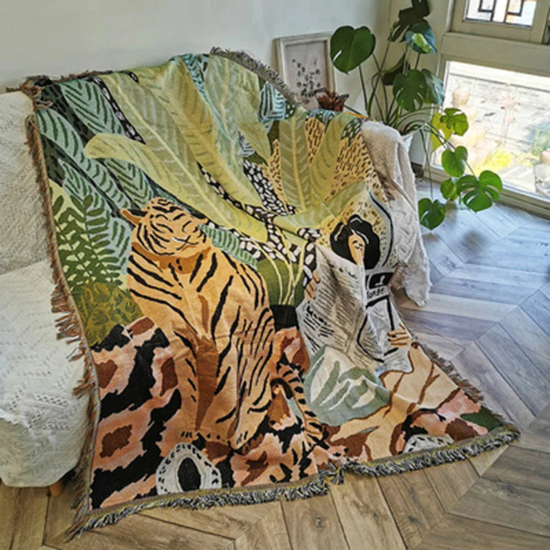 Afralia™ Tiger Newspaper Girl Bohemia Throw Blanket