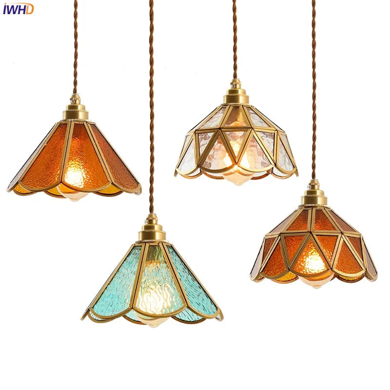 Afralia™ Japanese Vintage Glass Copper LED Pendant Lamp for Bedroom, Bar, Cafe