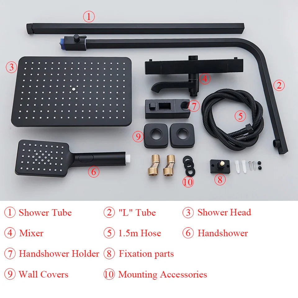 Afralia™ Thermostatic Shower Faucet Set with Rainfall Head - Wall Mounted Bathtub Mixer Tap