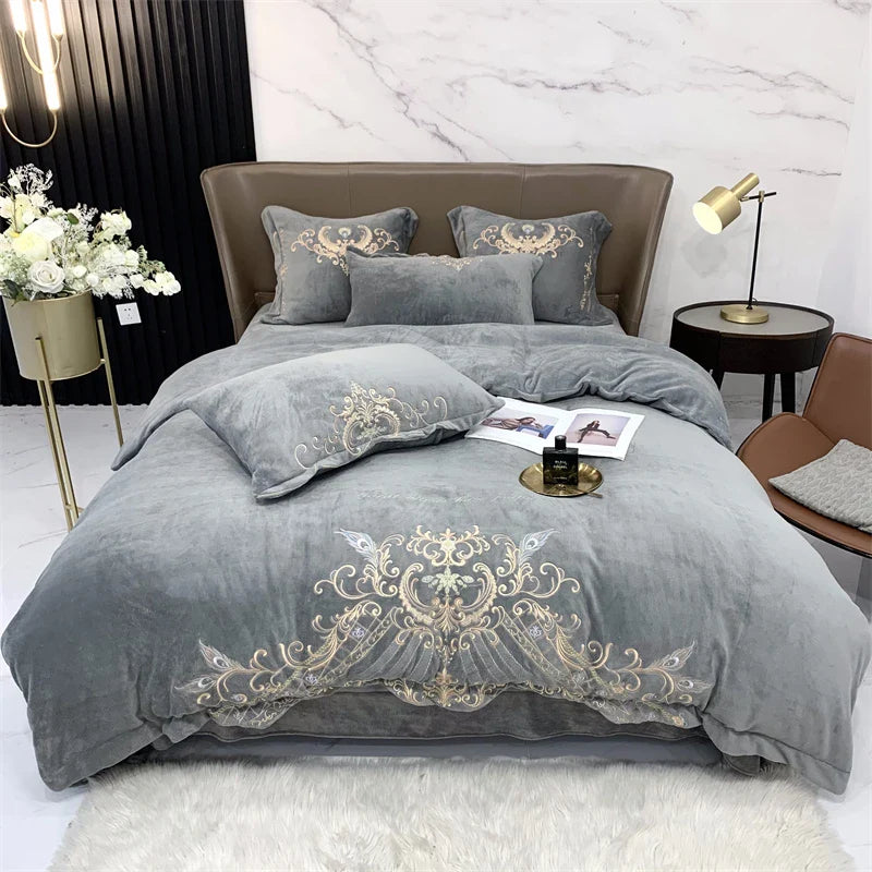 Afralia™ Luxe Velvet Fleece Bedding Set with Gold Embroidery - Comforter cover, Sheet, Pillowcases