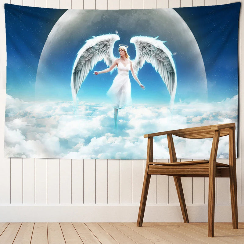 Afralia™ Angel Tapestry Wall Hanging: Blue Sky White Clouds Halo Bohemian Art Decor