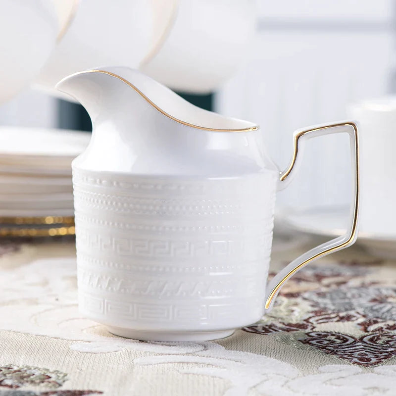 Afralia™ Bone China White Tea Set: Coffee Cup, Saucer, Milk Jar, Sugar Bowl, British Teaware