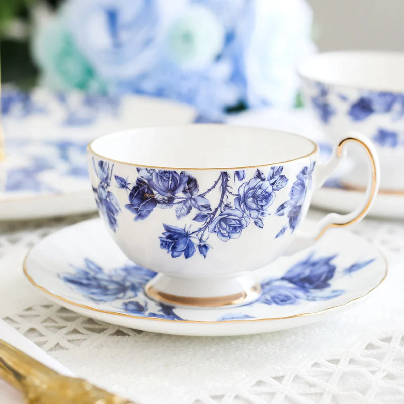 Afralia™ Bone China Tea Cup Set, Flowers Teacup & Snack Dish for Office Drinkware