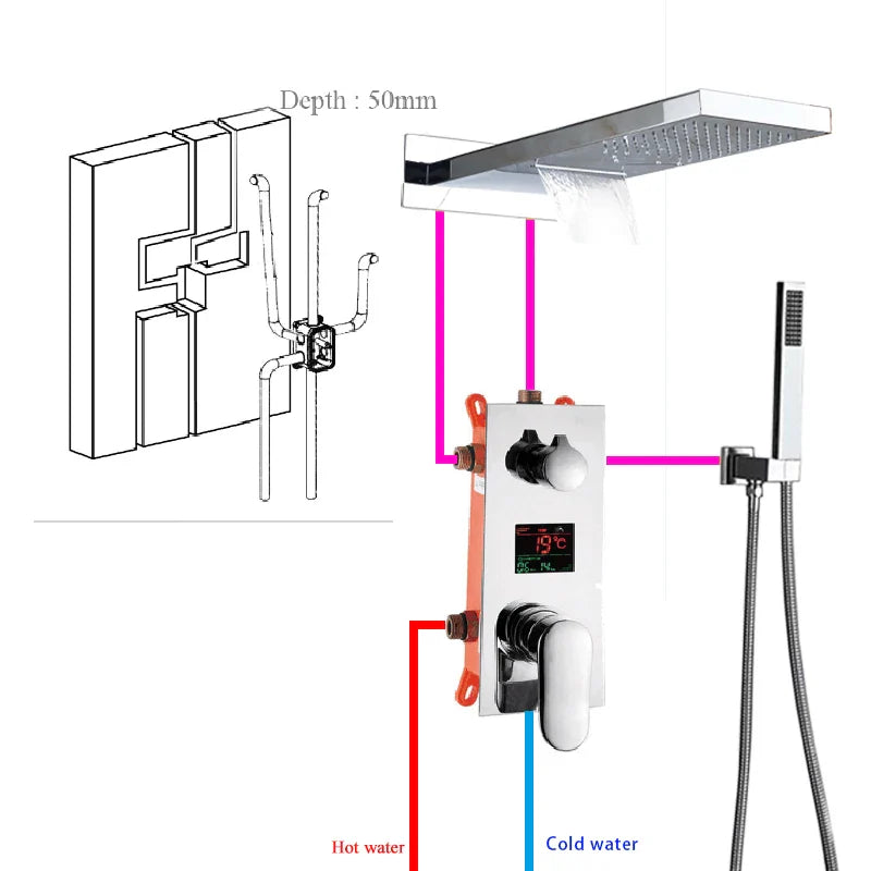 Afralia™ Chrome Luxury Digital Bath Shower Mixer with Rain Waterfall and Handshower