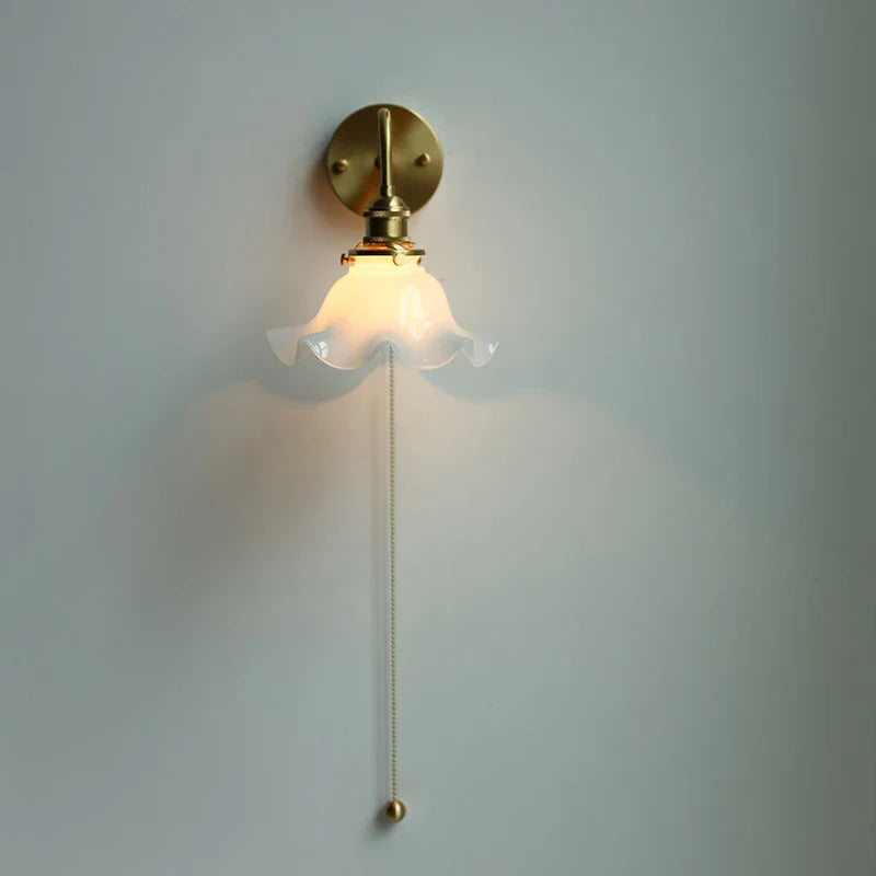 Afralia™ White Glass LED Wall Light with Pull Chain Switch for Bedroom Bathroom Mirror