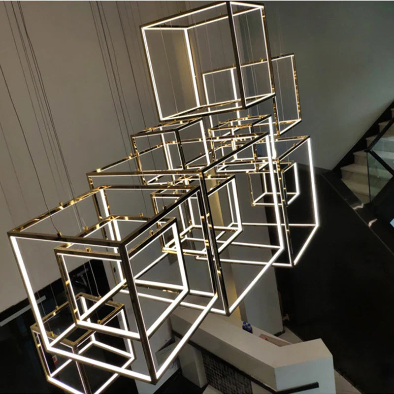 Afralia™ Luxury Golden Square LED Chandelier | Modern Art Design for Living Room Lobby