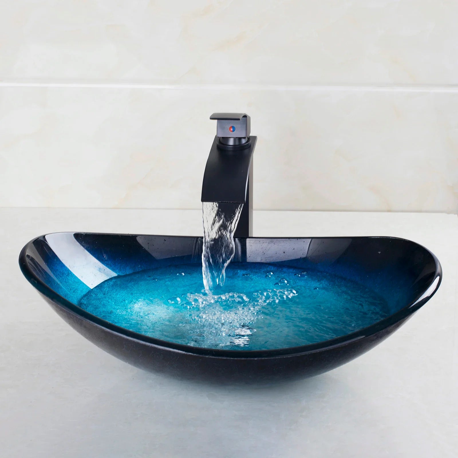 Afralia™ Waterfall Spout Basin Black Tap Set with Hand Painted Tempered Glass & Blue Mixer