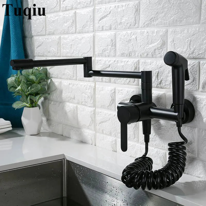 Afralia™ Solid Brass Kitchen Sink Mixer Tap with Spray Gun, Wall Mounted, Hot & Cold Rotation