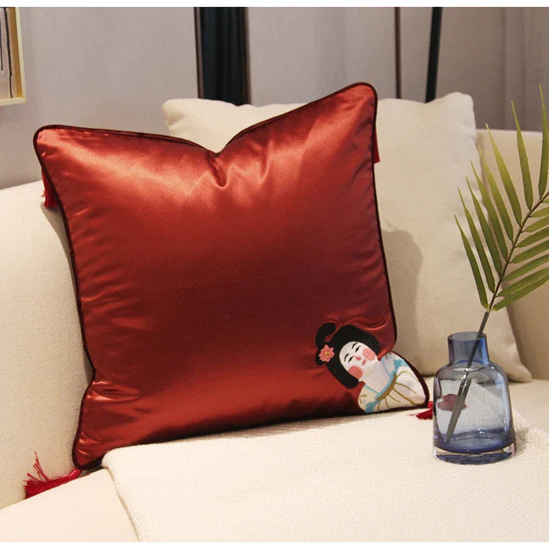 Afralia™ Chinoiserie Tang Dynasty Lady Embroidered Cushion Cover for Sofa