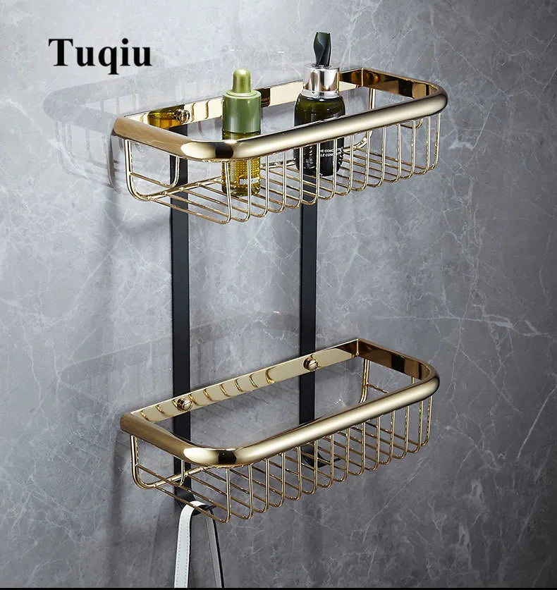 Afralia™ Gold & Black Corner Shelf: Brass Bathroom Shelves for Stylish Storage