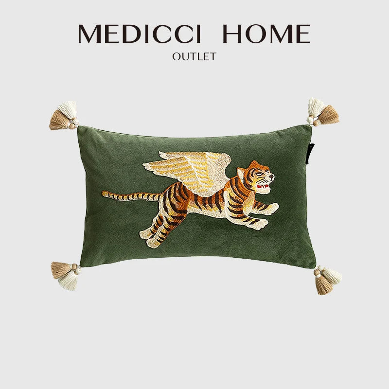 Afralia™ Tiger Wings Embroidered Lumbar Pillow Cover Dark Green Sofa Case 30x50cm