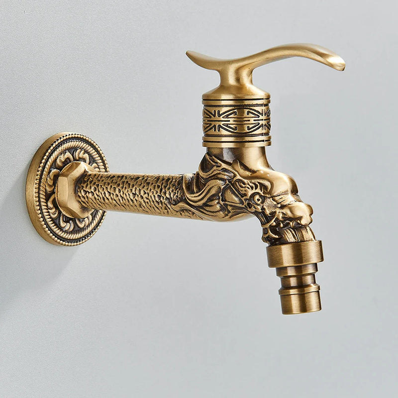 Afralia™ Dragon Carved Antique Brass Wall Mounted Faucet for Bathroom and Outdoor Use