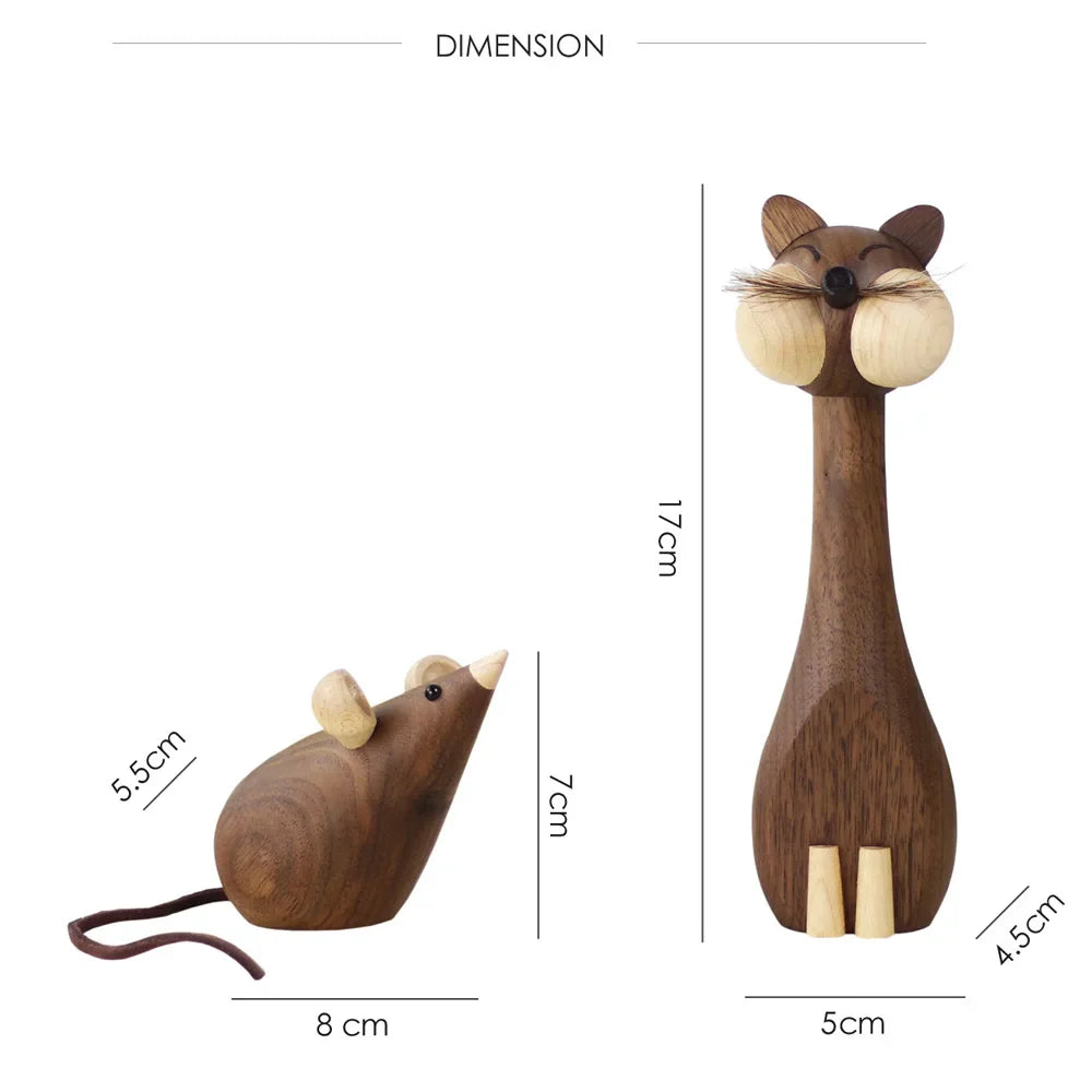Afralia™ Wooden Cat and Mouse Figurines: Modern Luxury Home Decor Ornaments