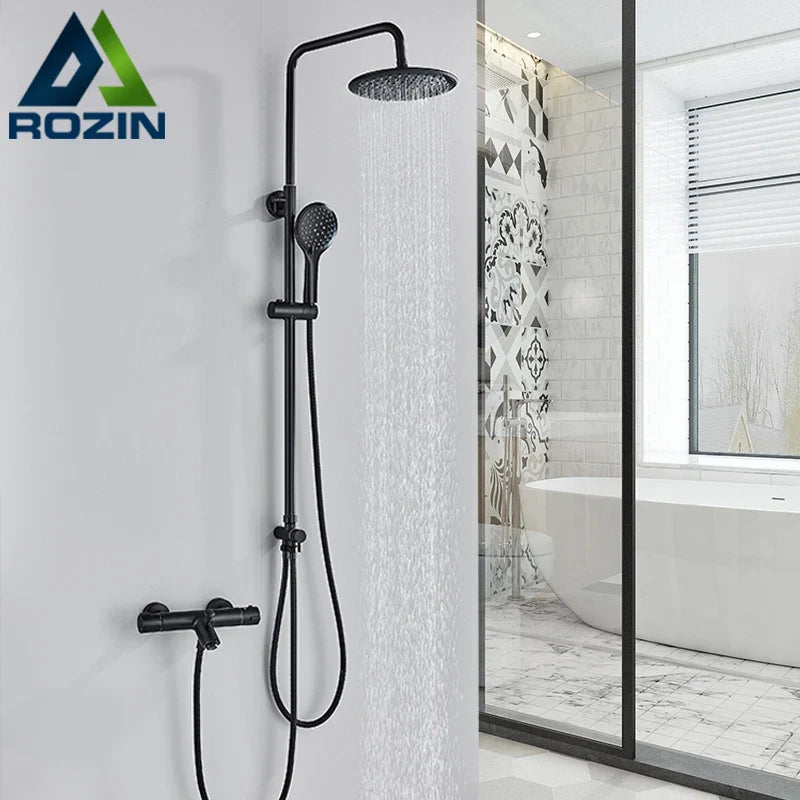 Afralia™ Black Thermostatic Shower Faucet Set Chrome Wall Mount Rainfall Mixer Tap