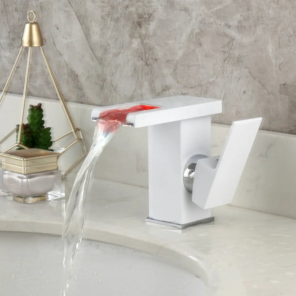 Afralia™ LED Waterfall Basin Faucet White & Black Mixer Tap Deck Mount Solid Brass
