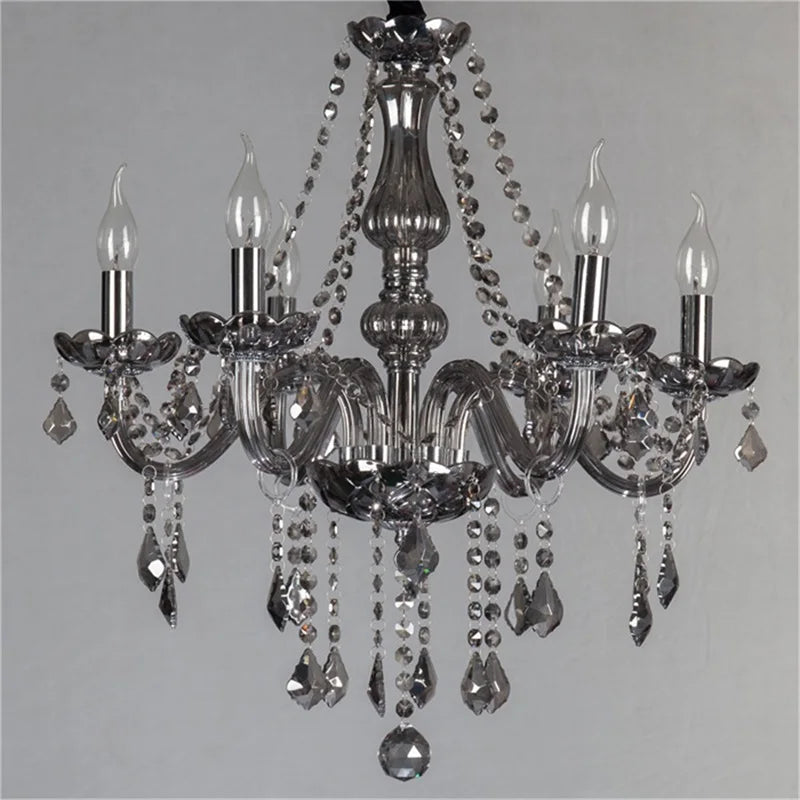 Afralia™ Smoky Grey Crystal LED Candle Chandelier for Home Hotel Hall