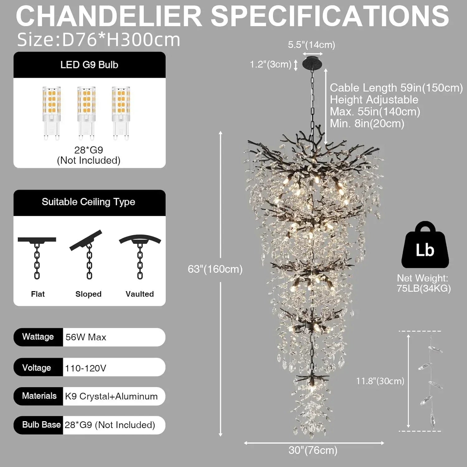 Afralia™ Black Branch Crystal Chandelier - Modern Rectangular Pendant Light for Dining Room-Living Room-Kitchen