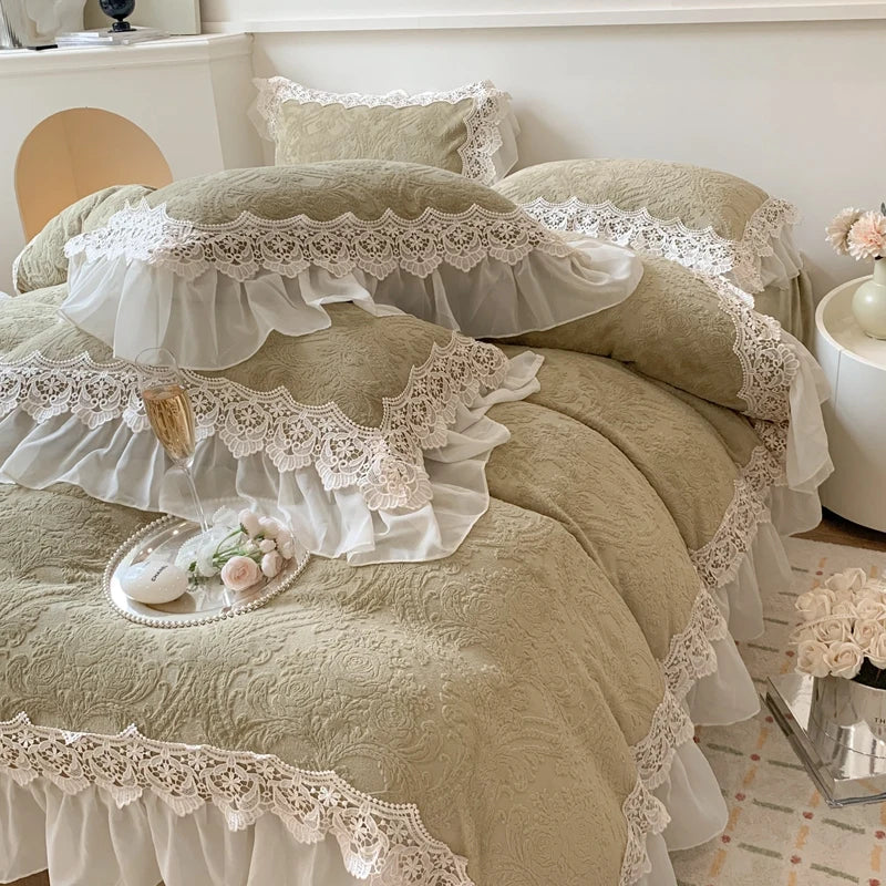 Afralia™ French Lace Ruffles Velvet Bedding Set, Furry Duvet, Sheet, Pillowcases