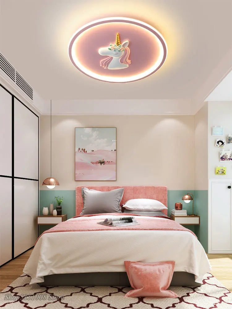 Afralia™ Nordic Unicorn LED Ceiling Light for Girl's Room and Study, Modern Princess Bedroom Lighting