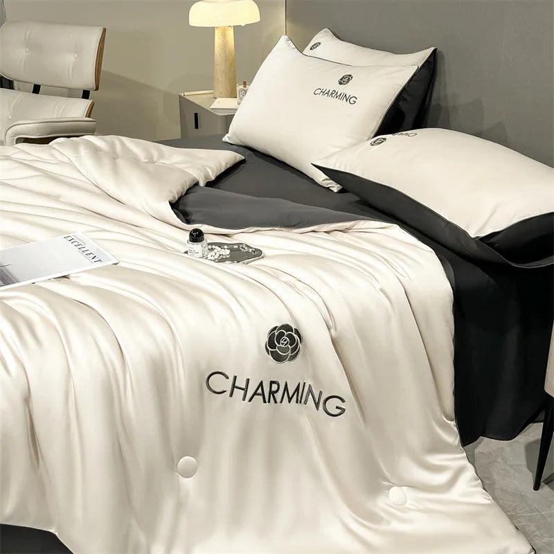 Afralia™ Nordic Style Floral Embroidered Ice Silk Comforter Set for Cooling Luxury Experience.