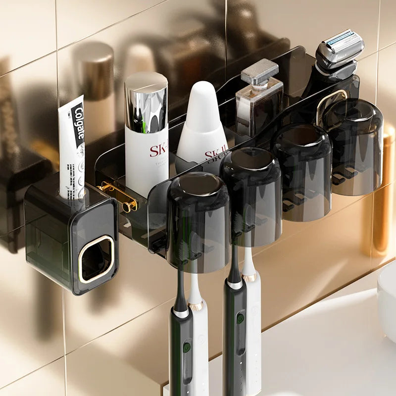 Afralia™ Inverted Toothbrush Holder with Automatic Toothpaste Squeezer & Makeup Storage Rack