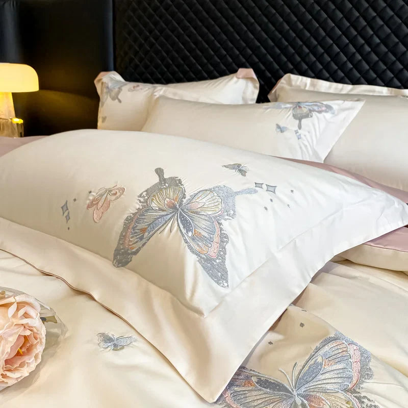 Afralia™ Butterfly Embroidery 800TC Egyptian Cotton Bedding Set - Quilt Cover, Sheet, Pillowcases