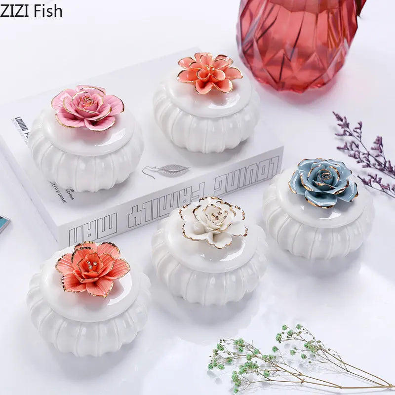 Afralia™ Rose Flower Ceramic Tea Canister Candy Pot Storage Jar