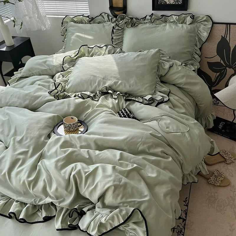 Afralia™ Silky Lace Princess Bedding Set - Cooling Comforter, Solid Color, 4 Pieces