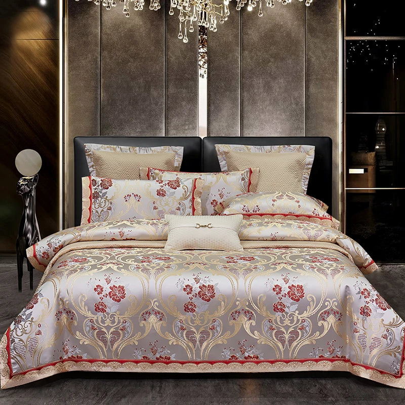 Afralia™ Silky Satin Jacquard Cotton Bedding Set, Luxury European Style, 4 or 6 Pcs