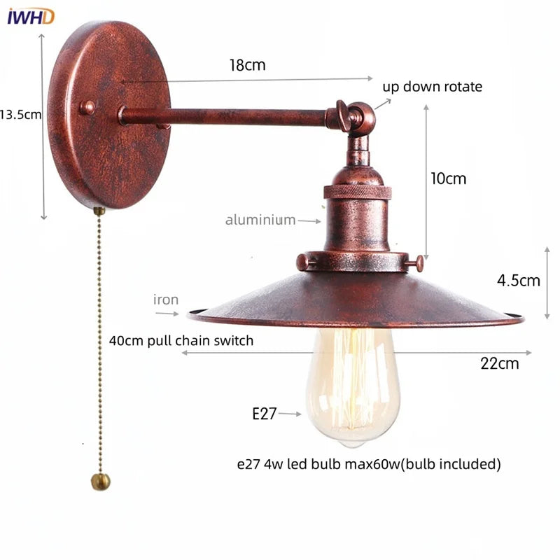 Afralia™ Loft LED Wall Lamp Gold Pull Chain Switch Industrial Luminaire