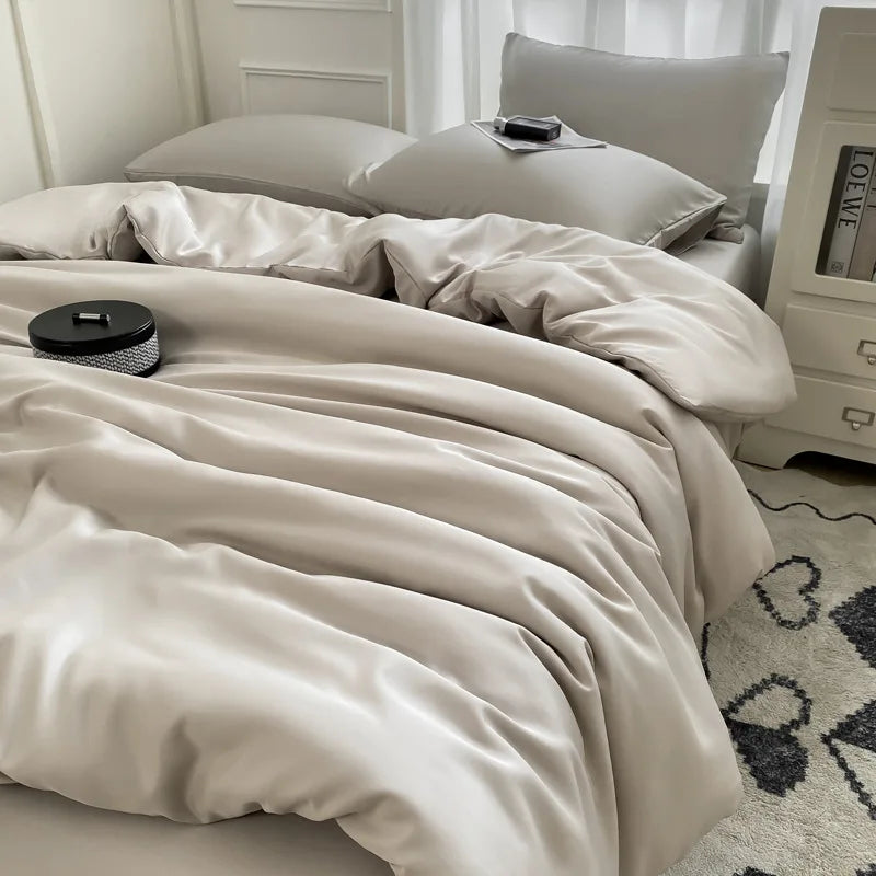 Afralia™ Satin Ice Silk Bedding Set - Double Sided Faux Silk Duvet Cover, Sheet & Pillowcases