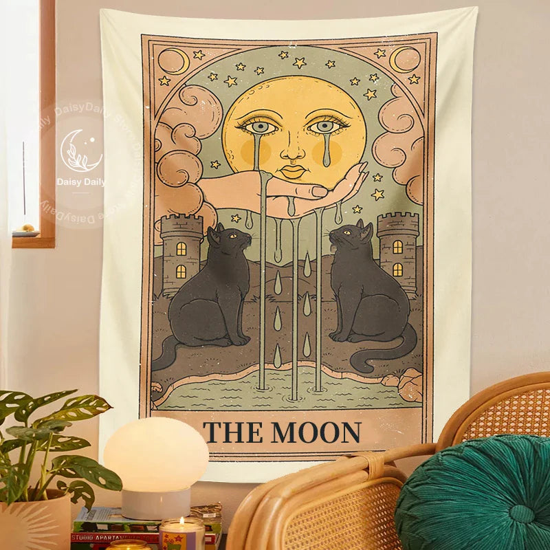 Moon Cat Tarot Wall Hanging - Afralia™ Mystical Room Decor