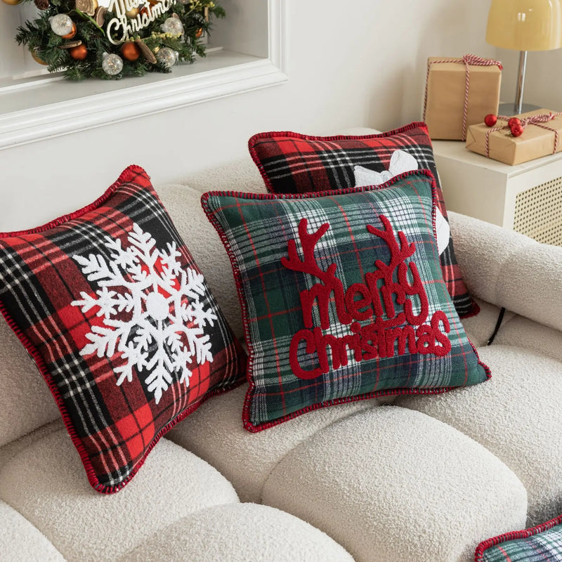 Afralia™ Buffalo Check Snowflake Jingle Bell Pillow Case | Retro Christmas Decoration