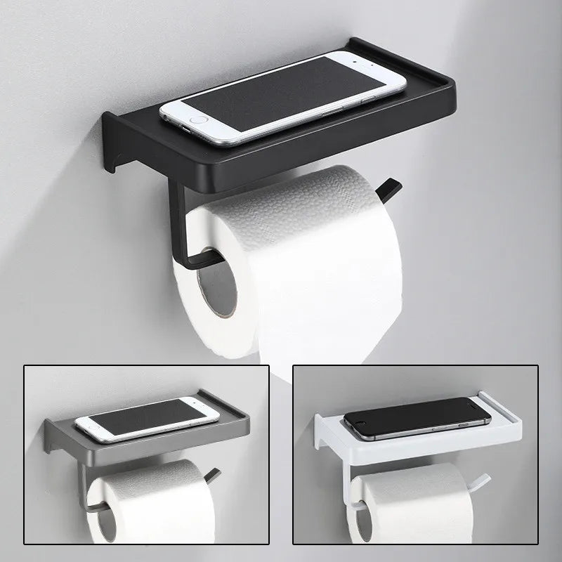 Afralia™ Aluminum Gray Bathroom Paper Roll Holder with Phone Shelf, Tissue Box Rack