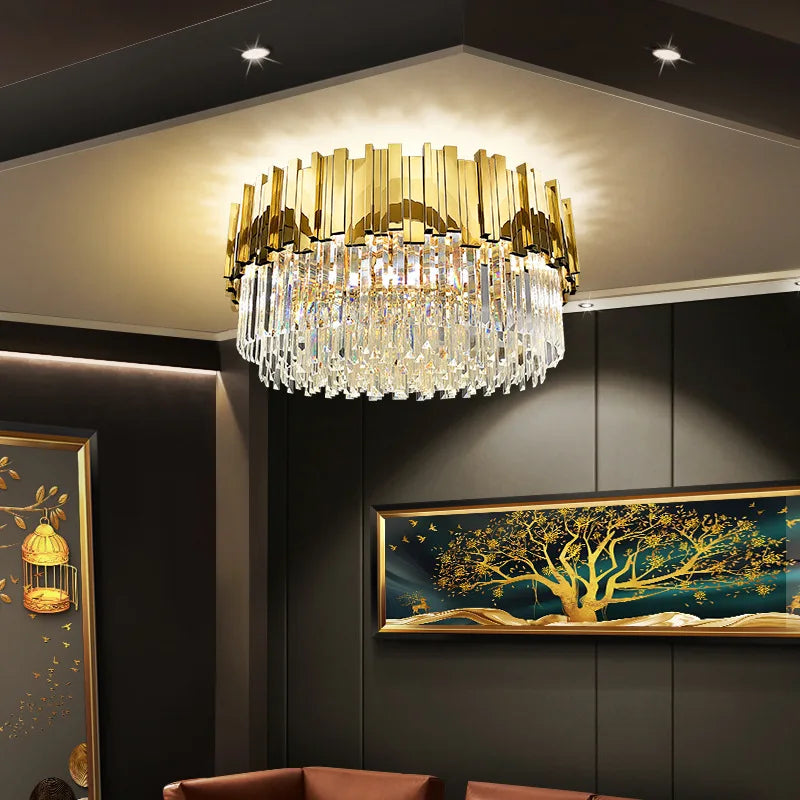 Afralia™ Gold Crystal Round LED Ceiling Light Fixture for Modern Living Room