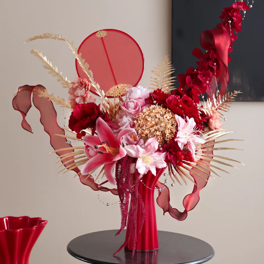 Afralia™ Geometric Fold Pattern Ceramic Vase Red Floral Arrangement Terrarium Home Decor