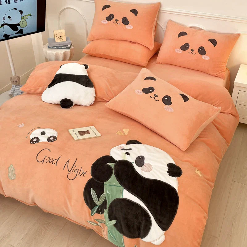 Afralia™ Pink Panda Applique Embroidery Bedding Set Double Queen Duvet Cover Bed Sheet Pillowcases